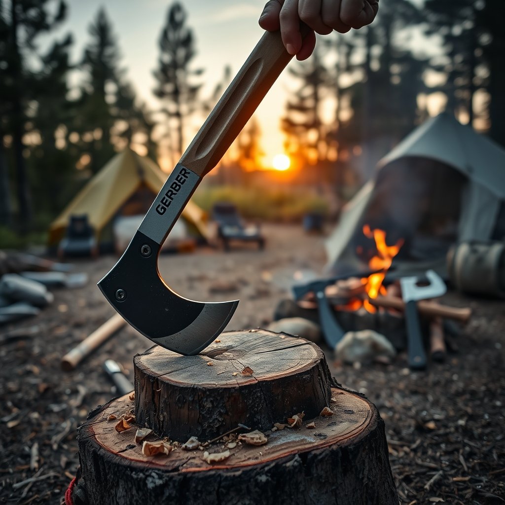 camping hatchet in action